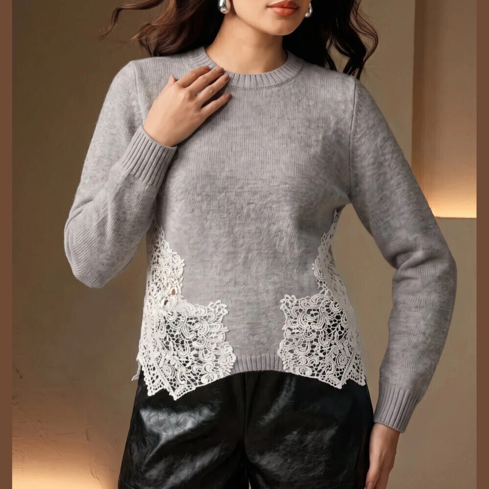 Gray Knit Sweater with Crochet Lace Hem and Round Neck